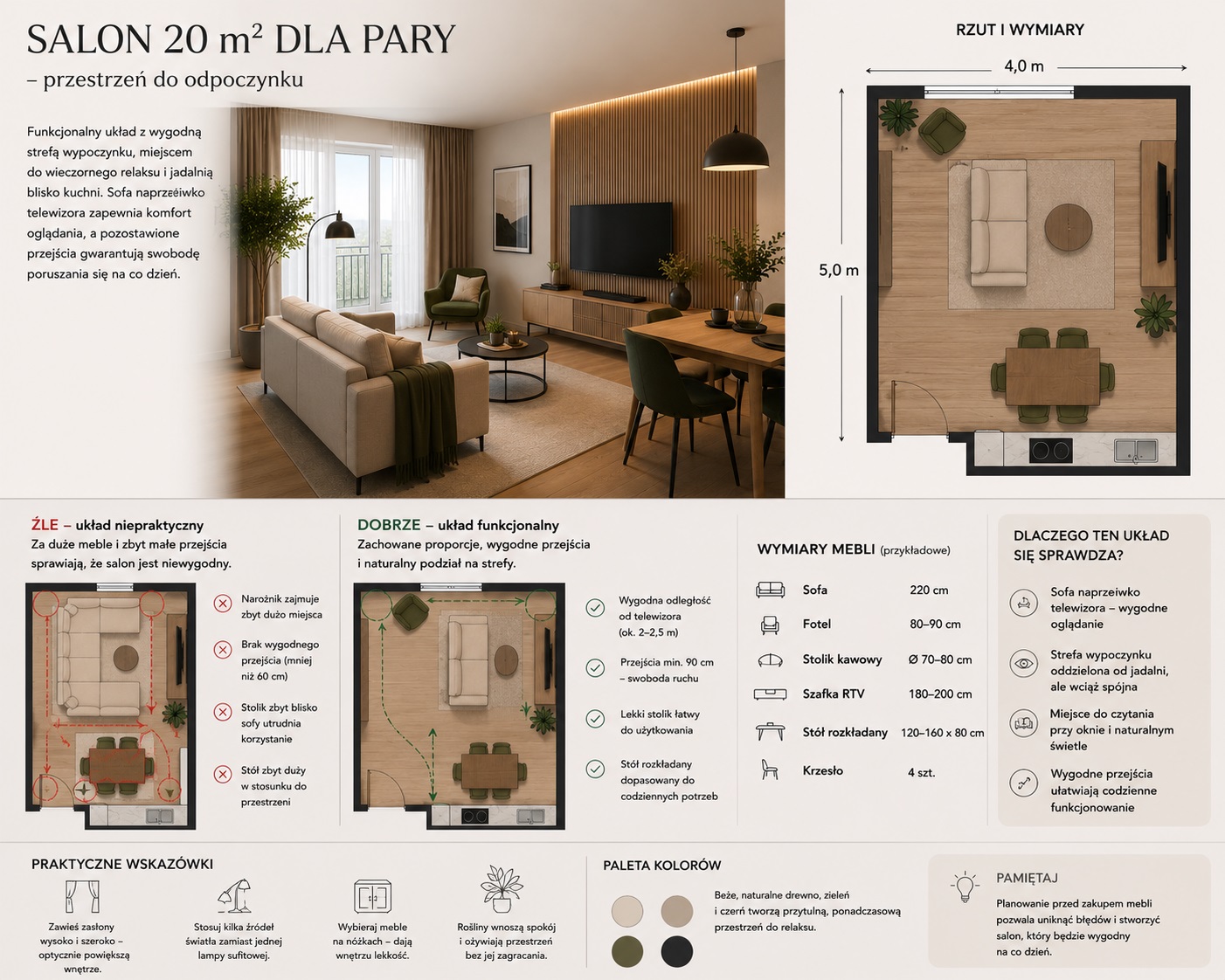 Projekt salonu 20m2 dla 2 osób